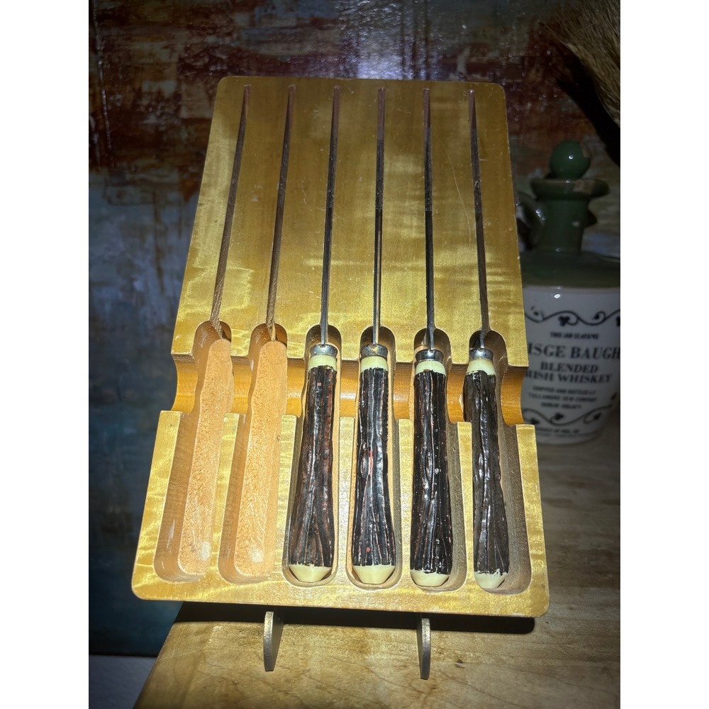 Vintage Japan Stainless Steel Steak Knife Set 4pc Faux Stag Antler Wood Block